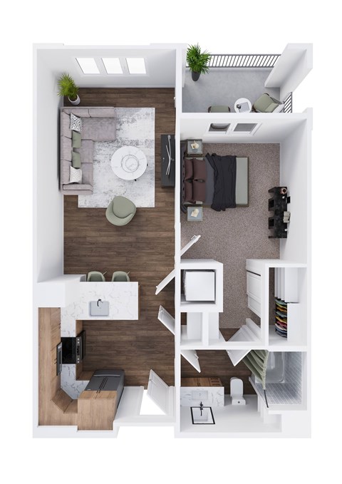 A split image of a modern living room and kitchen.